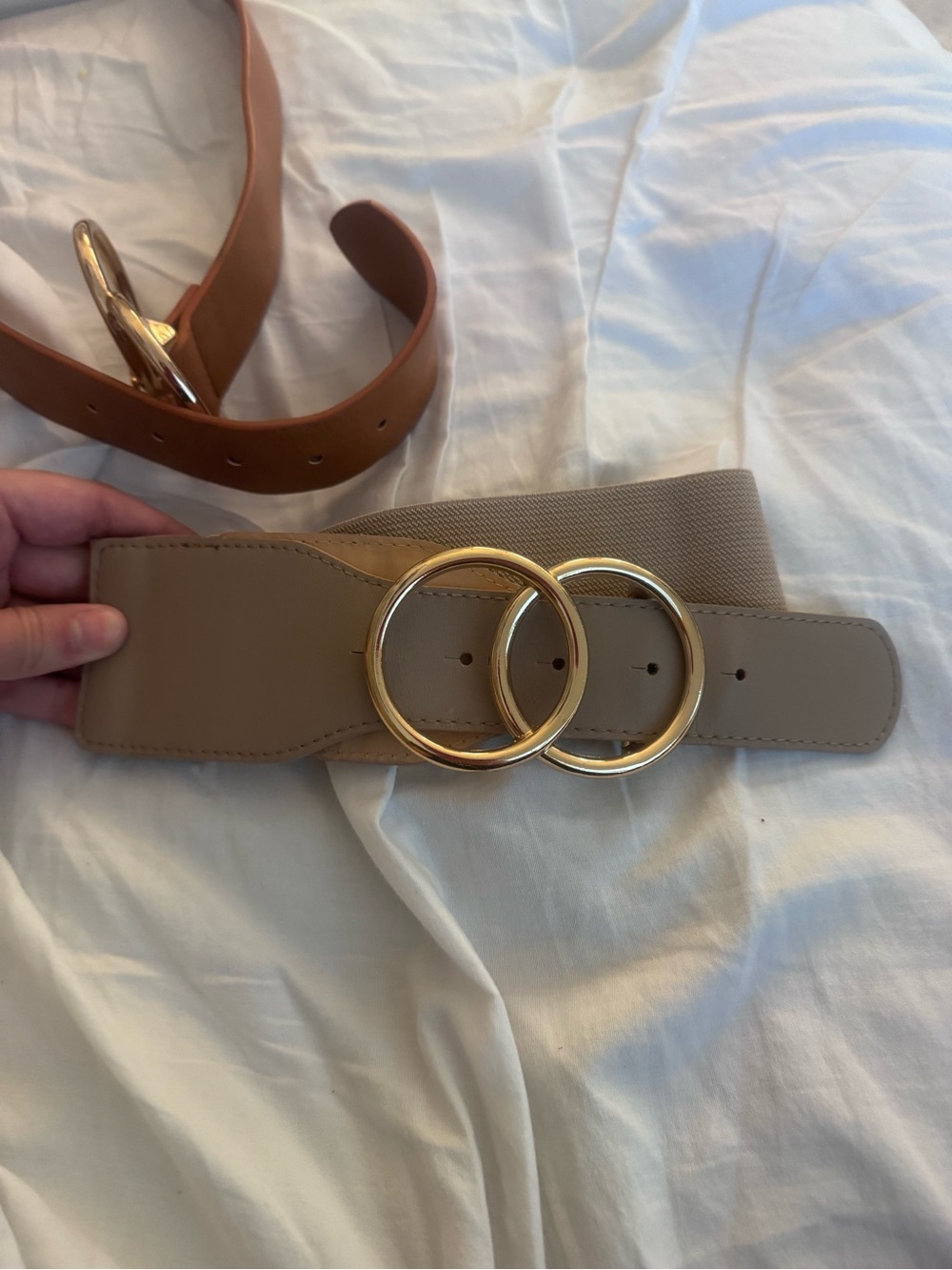 Wide Beige Elastic Belt with Gold Double-Ring Buckle